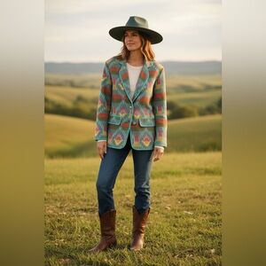 Vintage Hokus Pokus Southwestern Aztec Tapestry Cropped Jacket Boho 90s